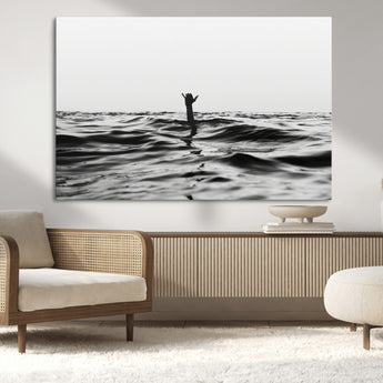 69541918-MGV-CV-36X24-Black White Ocean Wall Art Canvas Print, Framed Moody Seascape Art Picture Print, Surfer Sign Perfect Moody Minimalist Decor