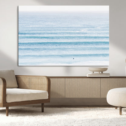 77145995-MGV-CV-36X24-Ocean Simplicity Wall Art Canvas Print, Framed Surfer on Water Art Picture Print, Light Blue Perfect Coastal Minimalist Decor