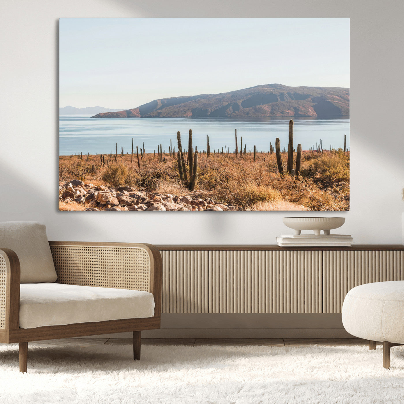 45193515-MGV-CV-36X24-Desert Cactus Wall Art Canvas Print, Framed Baja Coastline Art Picture Print, Coastal Desert Perfect Southwestern Minimalist Decor