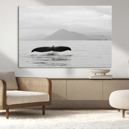 30524220-MGV-CV-36X24-Whale Tail Wall Art Canvas Print, Framed Black White Ocean Art Picture Print, Calm Marine Perfect Minimalist Coastal Decor Artwork