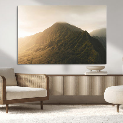 42338636-MGV-CV-36X24-Golden Mountain Wall Art Canvas Print, Framed Misty Summit Art Picture Print, Rugged Landscape Perfect Moody Wilderness Decor