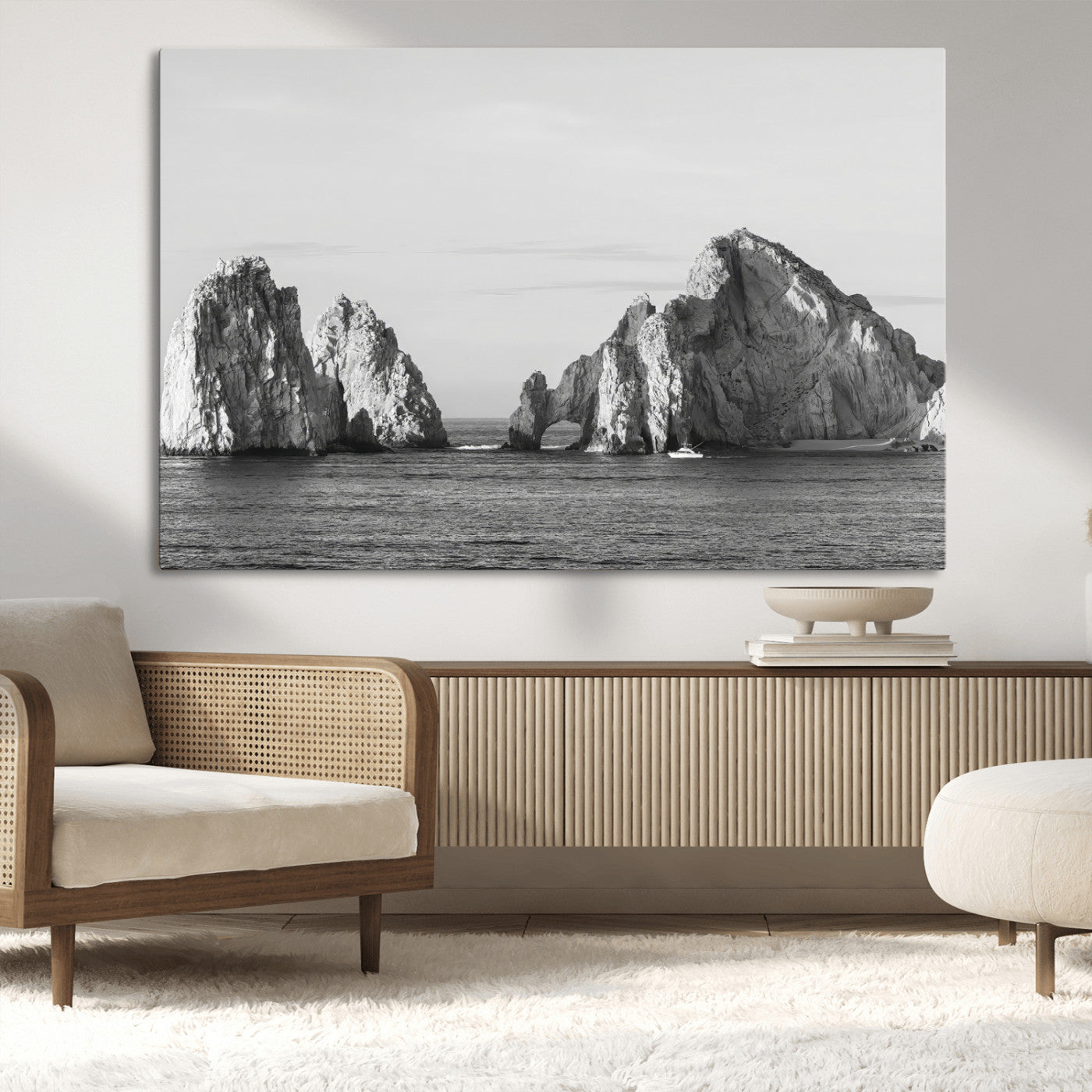 18810731-MGV-CV-36X24-Rugged Coastline Wall Art Canvas Print, Framed Ocean Cliffs Art Picture Print, Monochrome Seascape Perfect Coastal Minimalist