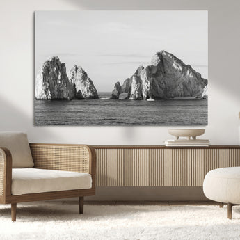 18810731-MGV-CV-36X24-Rugged Coastline Wall Art Canvas Print, Framed Ocean Cliffs Art Picture Print, Monochrome Seascape Perfect Coastal Minimalist