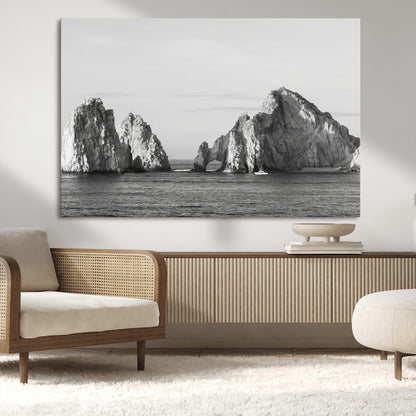 18810731-MGV-CV-36X24-Rugged Coastline Wall Art Canvas Print, Framed Ocean Cliffs Art Picture Print, Monochrome Seascape Perfect Coastal Minimalist
