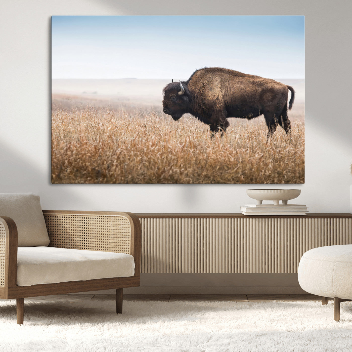 99620201-MGV-CV-36X24-Wild Bison Wall Art Canvas Print, Framed Bison in Prairie Art Picture Print, Rustic Western Perfect Rustic Western Decor Artwork
