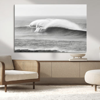 42544082-MGV-CV-36X24-Monochrome Seascape Wall Art Canvas Print, Framed Surf Wave Art Picture Print, Minimalist Ocean Perfect Moody Coastal Decor
