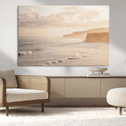 57669769-MGV-CV-36X24-Misty Coastal Wall Art Canvas Print, Framed Golden Sunset Art Picture Print, Serene Shoreline Perfect Tranquil Coastal Decor