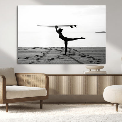 28441356-MGV-CV-36X24-Yoga Surf Wall Art Canvas Print, Framed Black White Shore Art Picture Print, Peaceful Ocean Perfect Minimalist Coastal Decor