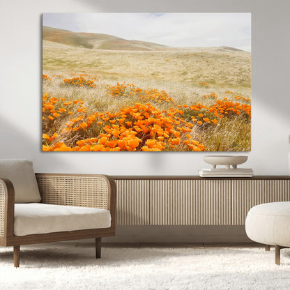 28972262-MGV-CV-36X24-Golden Wildflowers Wall Art Canvas Print, Framed Hills Bloom Art Picture Print, Poppy Meadow Perfect Rustic Nature Decor Artwork