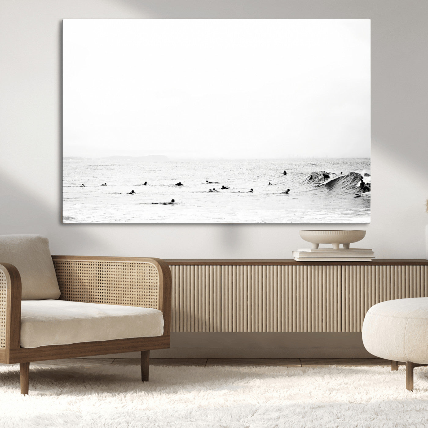 38441169-MGV-CV-36X24-Monochrome Swimming Wall Art Canvas Print, Framed Ocean Horizon Art Picture Print, Moody Coastal Perfect Minimalist Coastal Decor