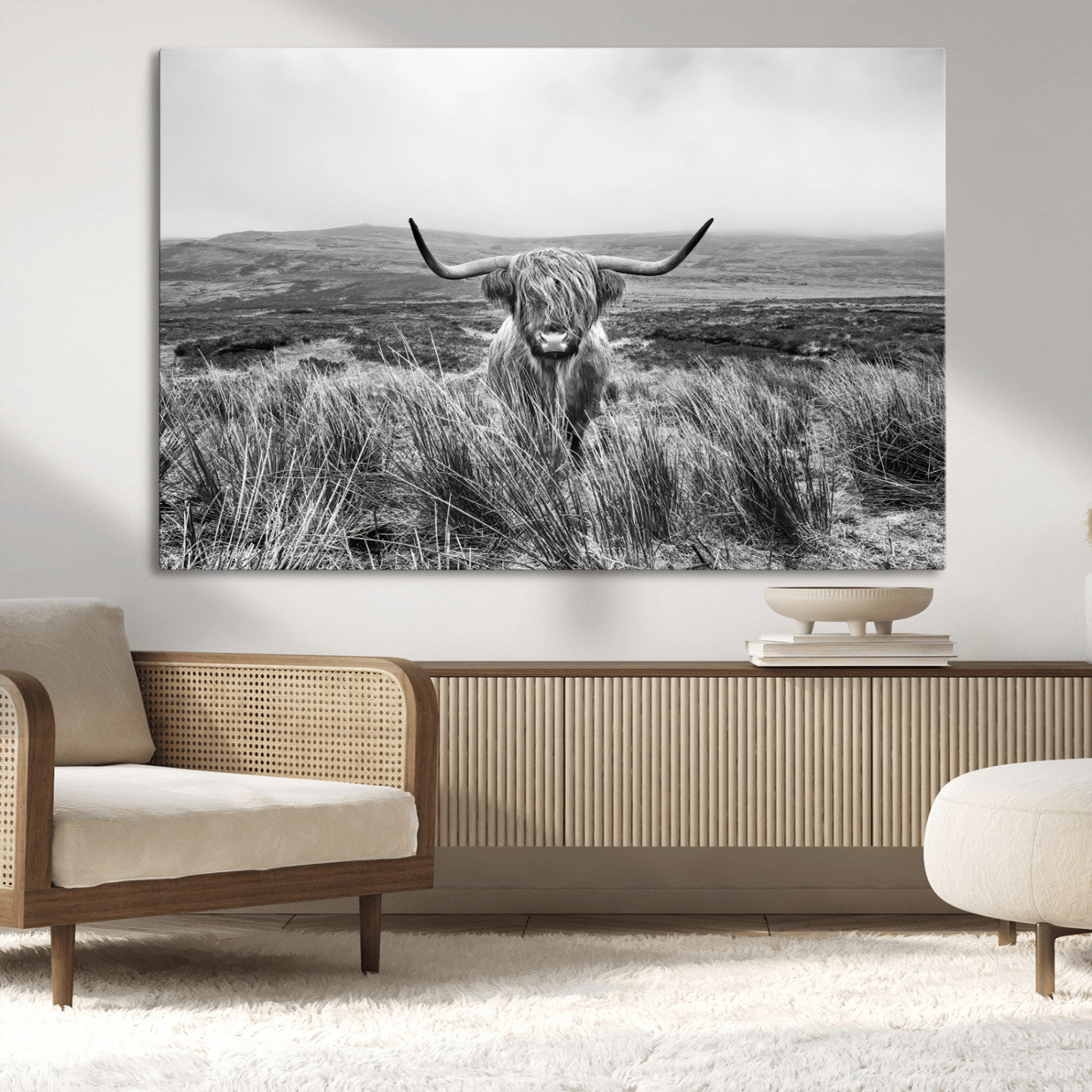 24051061-MGV-CV-36X24-Monochrome Highland Cow Wall Art Canvas Print, Framed Scottish Bull Art Picture Print, Lone Cattle Perfect Rustic Farmhouse Decor