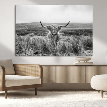 24051061-MGV-CV-36X24-Monochrome Highland Cow Wall Art Canvas Print, Framed Scottish Bull Art Picture Print, Lone Cattle Perfect Rustic Farmhouse Decor