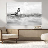 69798068-MGV-CV-36X24-Black White Surfing Wall Art Canvas Print, Framed Ocean Horizon Art Picture Print, Surfer Girl Perfect Coastal Adventure Decor