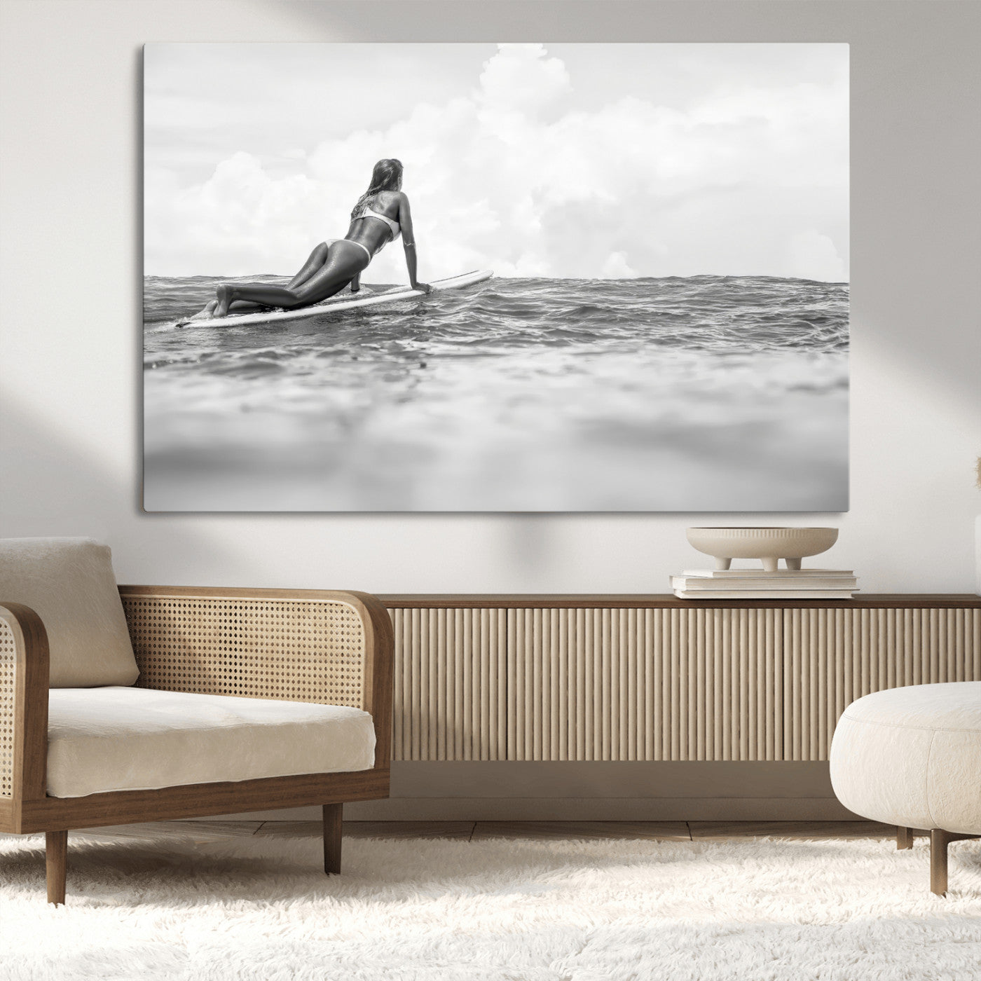 69798068-MGV-CV-36X24-Black White Surfing Wall Art Canvas Print, Framed Ocean Horizon Art Picture Print, Surfer Girl Perfect Coastal Adventure Decor