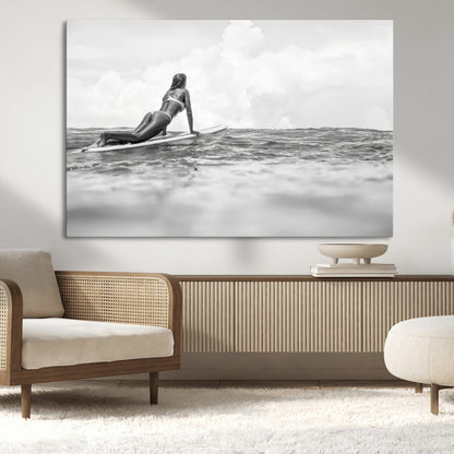 69798068-MGV-CV-36X24-Black White Surfing Wall Art Canvas Print, Framed Ocean Horizon Art Picture Print, Surfer Girl Perfect Coastal Adventure Decor