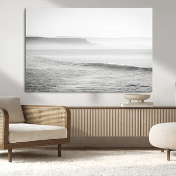 60635783-MGV-CV-36X24-Black White Seascape Wall Art Canvas Print, Framed Ocean Waves Art Picture Print, Misty Coastal Perfect Minimalist Coastal Decor
