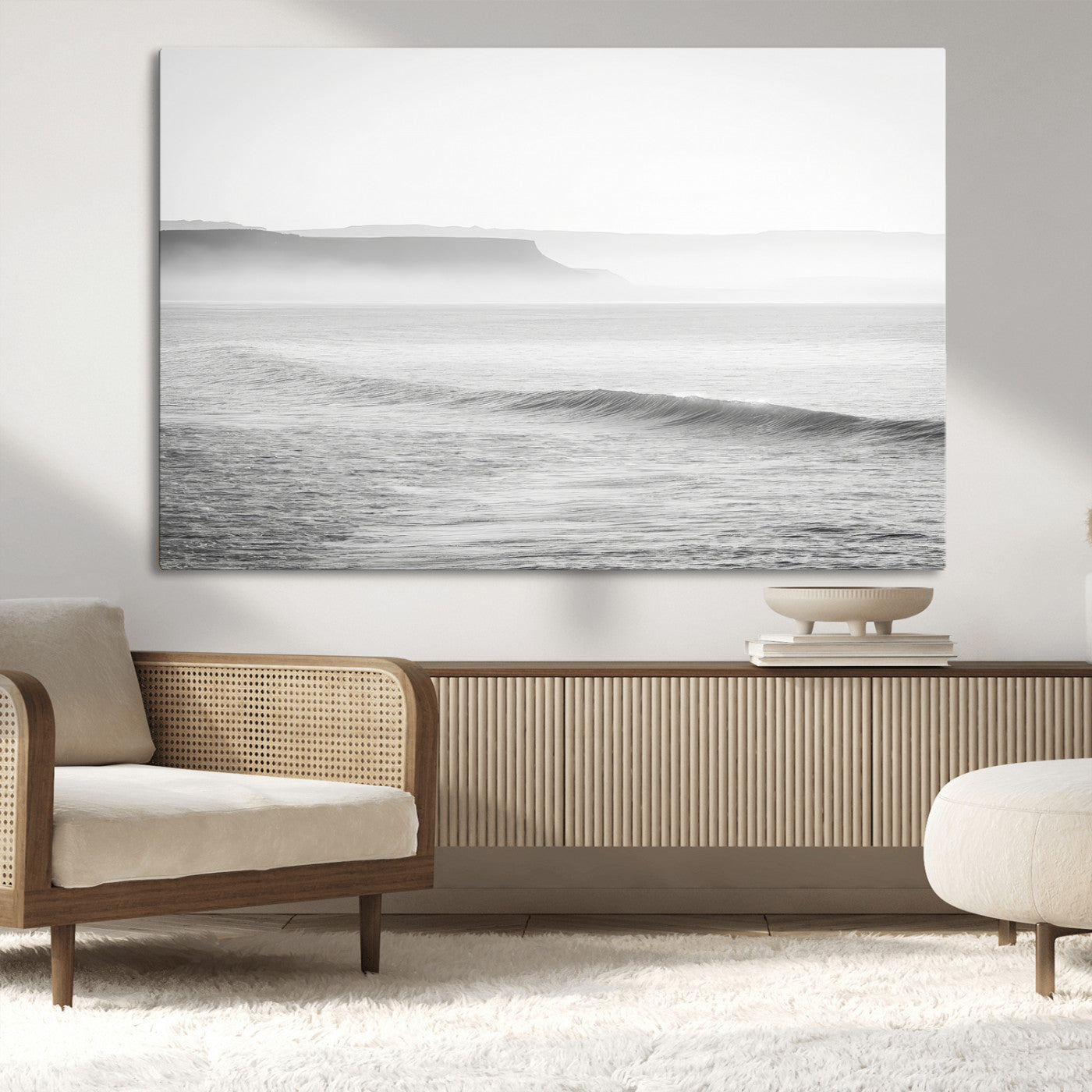 60635783-MGV-CV-36X24-Black White Seascape Wall Art Canvas Print, Framed Ocean Waves Art Picture Print, Misty Coastal Perfect Minimalist Coastal Decor