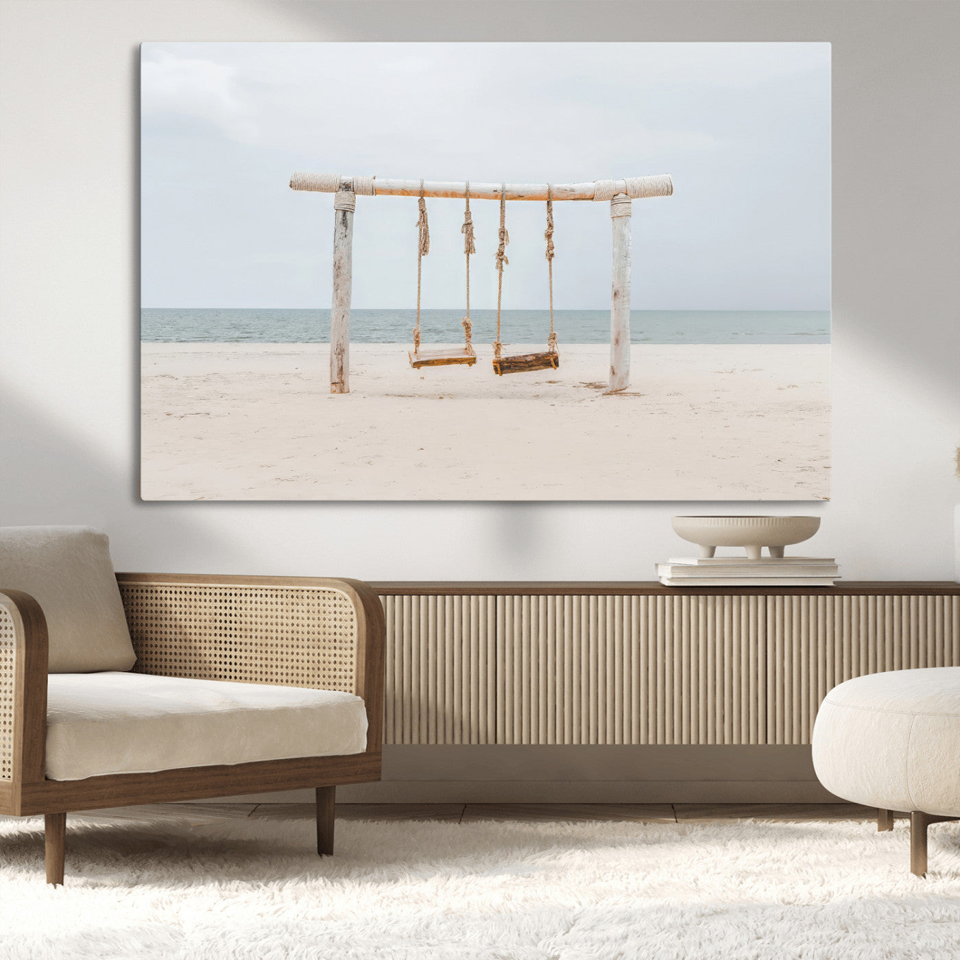 68327283-MGV-CV-36X24-Beach Swing Wall Art Canvas Print, Framed Quiet Beach Art Picture Print, Calm Shoreline Perfect Bohemian Coastal Decor Artwork