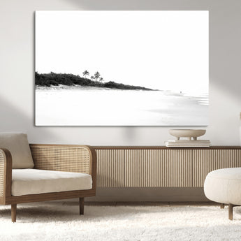 29611516-MGV-CV-36X24-Black White Beach Wall Art Canvas Print, Framed Palm Trees Art Picture Print, Monochrome Tropical Perfect Minimalist Coastal Decor