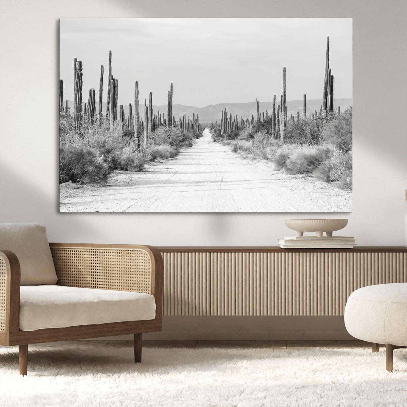 35537313-MGV-CV-36X24-Monochrome Desert Wall Art Canvas Print, Framed Cactus Path Art Picture Print, Southwestern Landscape Perfect Southwestern