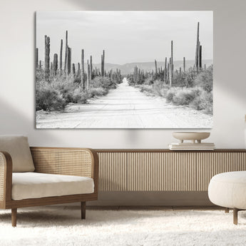 35537313-MGV-CV-36X24-Monochrome Desert Wall Art Canvas Print, Framed Cactus Path Art Picture Print, Southwestern Landscape Perfect Southwestern