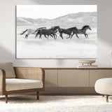 69934913-MGV-CV-36X24-Wild Horses Running Wall Art Canvas Print, Framed Black White Mustangs Art Picture Print, Rustic Western Perfect Rustic Western