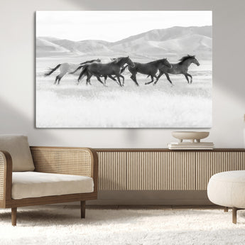 69934913-MGV-CV-36X24-Wild Horses Running Wall Art Canvas Print, Framed Black White Mustangs Art Picture Print, Rustic Western Perfect Rustic Western