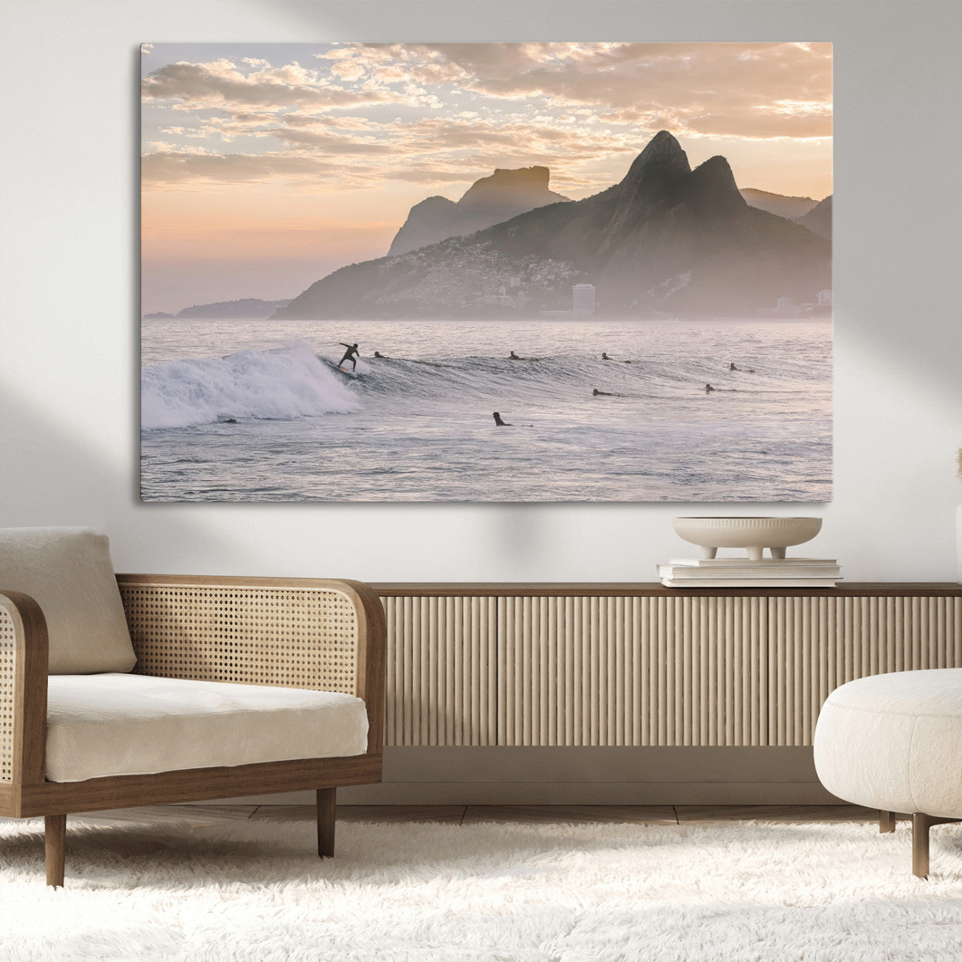 70644906-MGV-CV-36X24-Sunset Surfing Wall Art Canvas Print, Framed Misty Mountains Art Picture Print, Surfer Riding Wave Perfect Coastal Adventure Decor