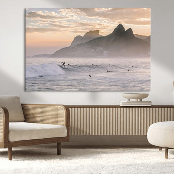 70644906-MGV-CV-36X24-Sunset Surfing Wall Art Canvas Print, Framed Misty Mountains Art Picture Print, Surfer Riding Wave Perfect Coastal Adventure Decor