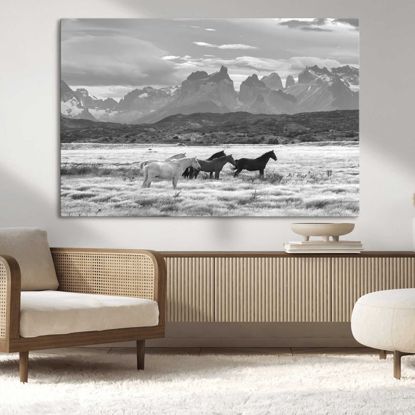 21655040-MGV-CV-36X24-Wild Horses Wall Art Canvas Print, Framed Black White Mountains Art Picture Print, Rustic Countryside Perfect Rustic Western Decor