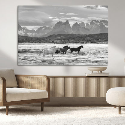 21655040-MGV-CV-36X24-Wild Horses Wall Art Canvas Print, Framed Black White Mountains Art Picture Print, Rustic Countryside Perfect Rustic Western Decor