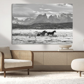 21655040-MGV-CV-36X24-Wild Horses Wall Art Canvas Print, Framed Black White Mountains Art Picture Print, Rustic Countryside Perfect Rustic Western Decor