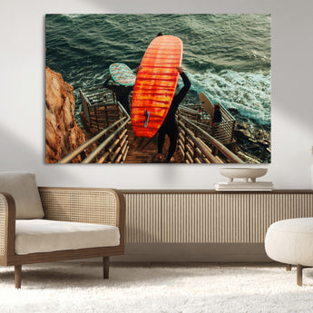 84555848-MGV-CV-36X24-Surfer Stairway Wall Art Canvas Print, Framed Ocean Surf Art Picture Print, Sunset Coastal Perfect Coastal Adventure Decor Artwork