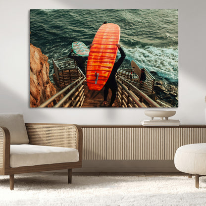 84555848-MGV-CV-36X24-Surfer Stairway Wall Art Canvas Print, Framed Ocean Surf Art Picture Print, Sunset Coastal Perfect Coastal Adventure Decor Artwork