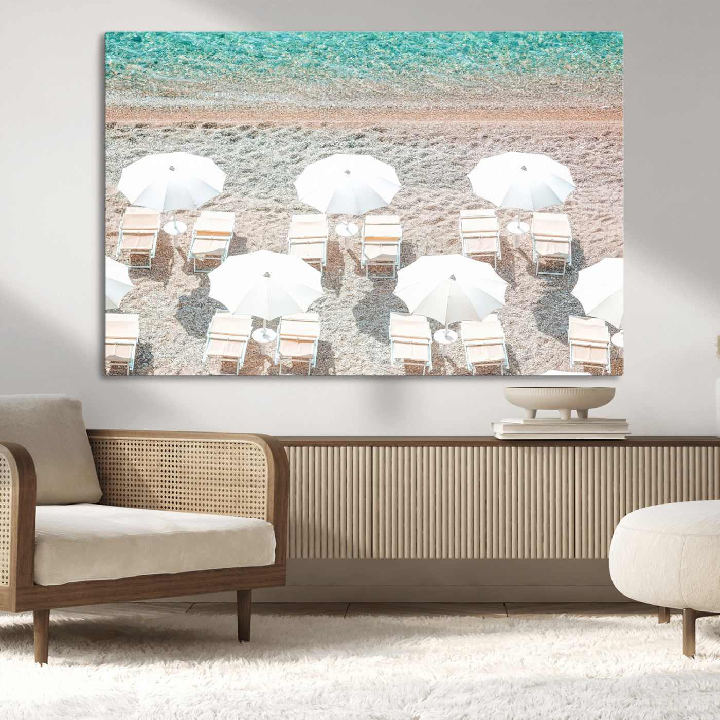 83736167-MGV-CV-36X24-Calm Beach Wall Art Canvas Print, Framed Turquoise Water Art Picture Print, Umbrella Shoreline Perfect Coastal Minimalist Decor