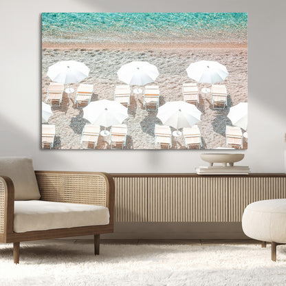 83736167-MGV-CV-36X24-Calm Beach Wall Art Canvas Print, Framed Turquoise Water Art Picture Print, Umbrella Shoreline Perfect Coastal Minimalist Decor