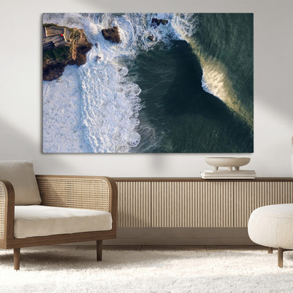 37405684-MGV-CV-36X24-Nazare Coast Wall Art Canvas Print, Framed Aerial Ocean Art Picture Print, Coastal Fortress Perfect Dramatic Coastal Decor Artwork
