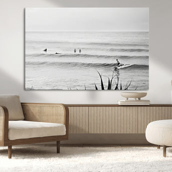 33821421-MGV-CV-36X24-Surfer Silhouette Wall Art Canvas Print, Framed Calm Ocean Art Picture Print, Monochrome Surf Perfect Minimalist Coastal Decor