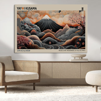 55739266-MGV-CV-36X24-Japanese Wall Art Print – Abstract Yayoi Kusama Inspired Dotted Landscape Poster, Surreal Oriental Mountain and Cherry Blossom