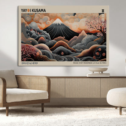 55739266-MGV-CV-36X24-Japanese Wall Art Print – Abstract Yayoi Kusama Inspired Dotted Landscape Poster, Surreal Oriental Mountain and Cherry Blossom