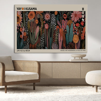 28344895-MGV-CV-36X24-Dark Floral Abstract Wall Art Poster – Modern Botanical Canvas Print with Beige Border, Kusama Inspired Boho Flower Painting,