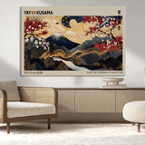 54967195-MGV-CV-36X24-Mount Fuji Wall Art – Japanese Cherry Blossom Abstract Canvas Print, Navy Gold Landscape Painting, Oriental Luxury Home Decor