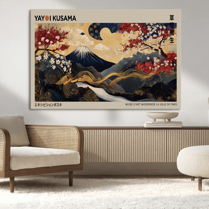54967195-MGV-CV-36X24-Mount Fuji Wall Art – Japanese Cherry Blossom Abstract Canvas Print, Navy Gold Landscape Painting, Oriental Luxury Home Decor
