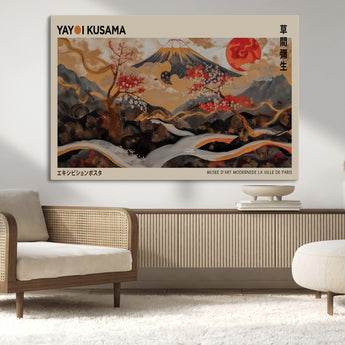77970791-MGV-CV-36X24-Mount Fuji Golden Abstract Wall Art – Japanese Landscape Canvas Poster, Cherry Blossom & Red Sun Painting, Elegant Zen Oriental