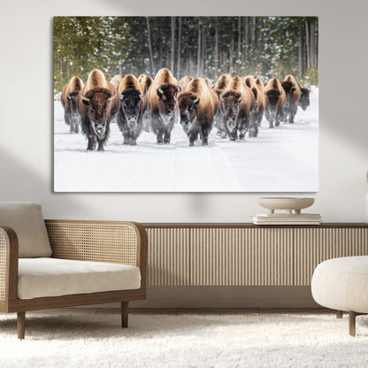 22695857-MGV-CV-36X24-Bison Herd Scene Wall Art Canvas Print, Framed Western Wildlife Art Picture Print, Rustic Animal Art Perfect Rustic Lodge Decor