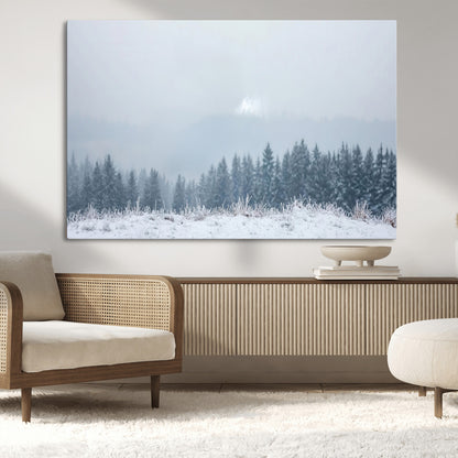 33033082-MGV-CV-36X24-Winter Forest Art Wall Art Canvas Print, Framed Snowy Landscape Art Picture Print, Misty Tree Scene Perfect Nordic Minimalist