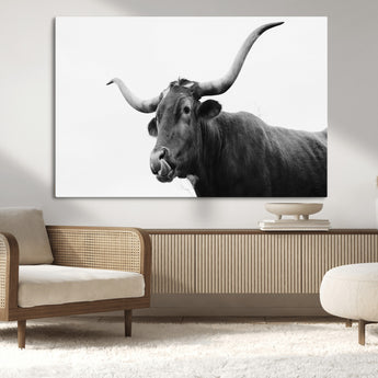 99244177-MGV-CV-36X24-Longhorn Photography Wall Art Canvas Print, Framed Western Cow Decor Art Picture Print, Black White Bull Perfect Modern Rustic