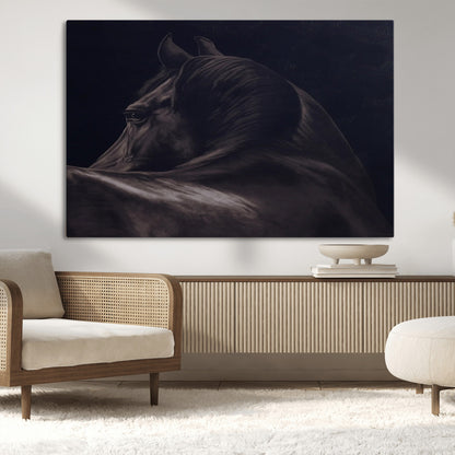 67026880-MGV-CV-36X24-Black Horse Portrait Wall Art Canvas Print, Framed Moody Horse Decor Art Picture Print, Equestrian Wall Style Perfect Masculine
