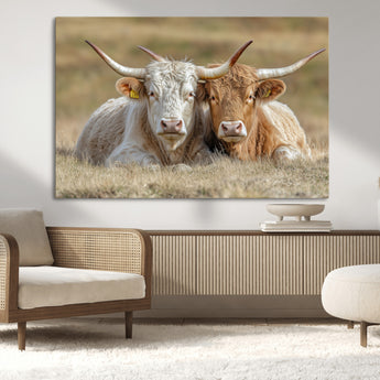 53388593-MGV-CV-36X24-Cow Photography Wall Art Canvas Print, Framed Rustic Animal Decor Art Picture Print, Texas Cow Pair Perfect Western Farmhouse