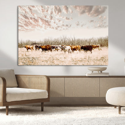 57389417-MGV-CV-36X24-Cow Herd Photography Wall Art Canvas Print, Framed Rustic Farmhouse Decor Art Picture Print, Western Ranch Style Perfect Rustic